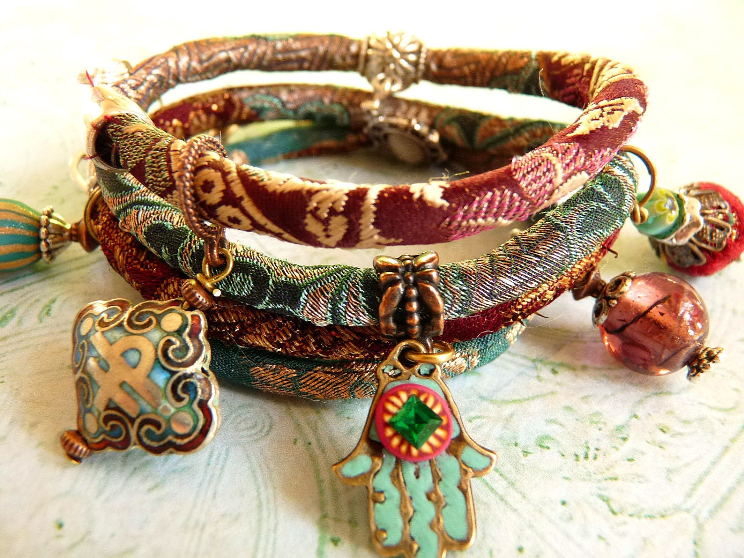 Red wine brocade wrap bracelet
