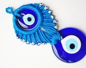 Blue Macrame Wall Hanging Amulet Wall Decor Handmade Evil Eye Bead