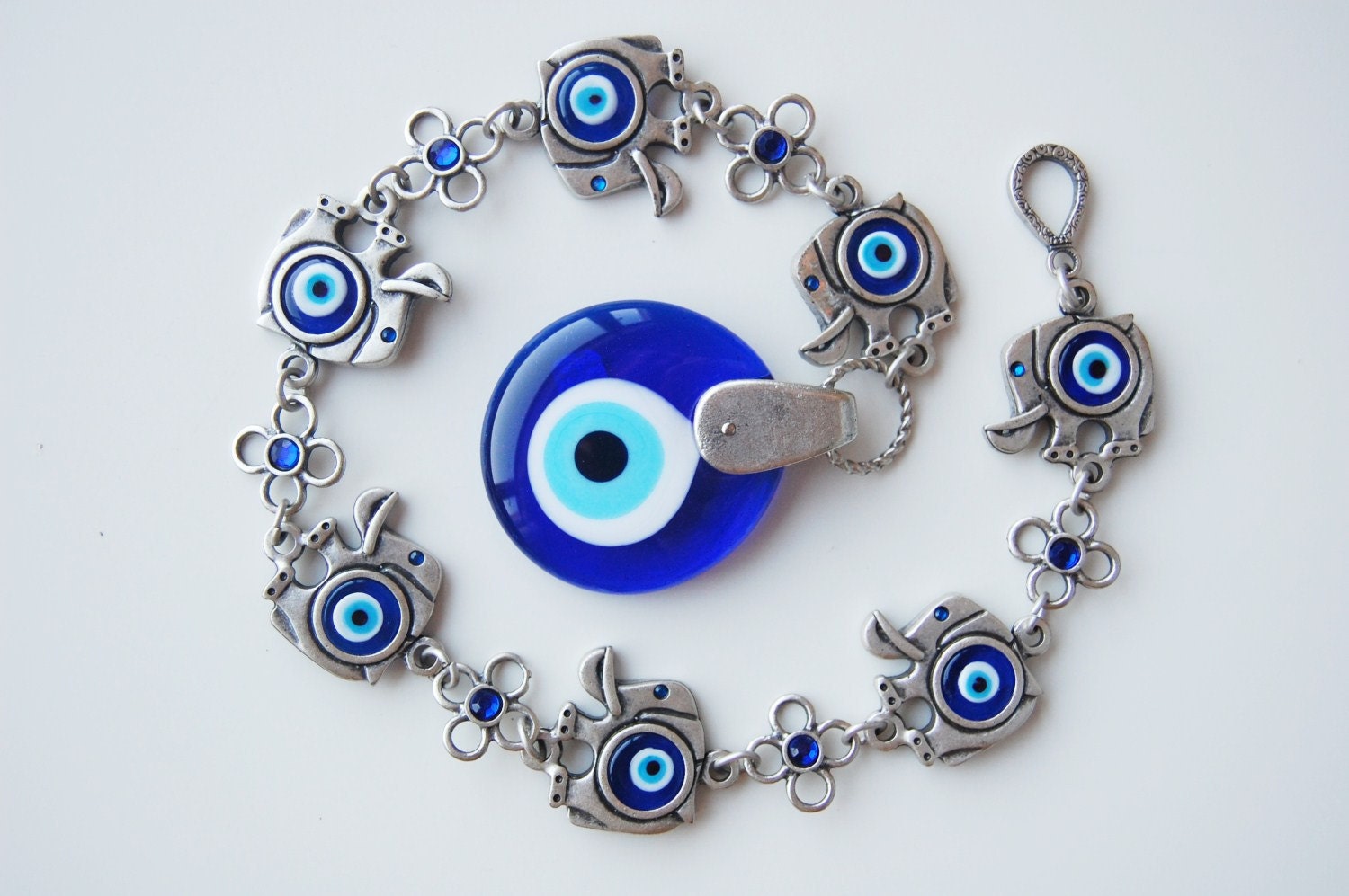 7 Elephant with Evil Eye Beads Amulet Handmade Turkish Silver Plated Wall Hanging