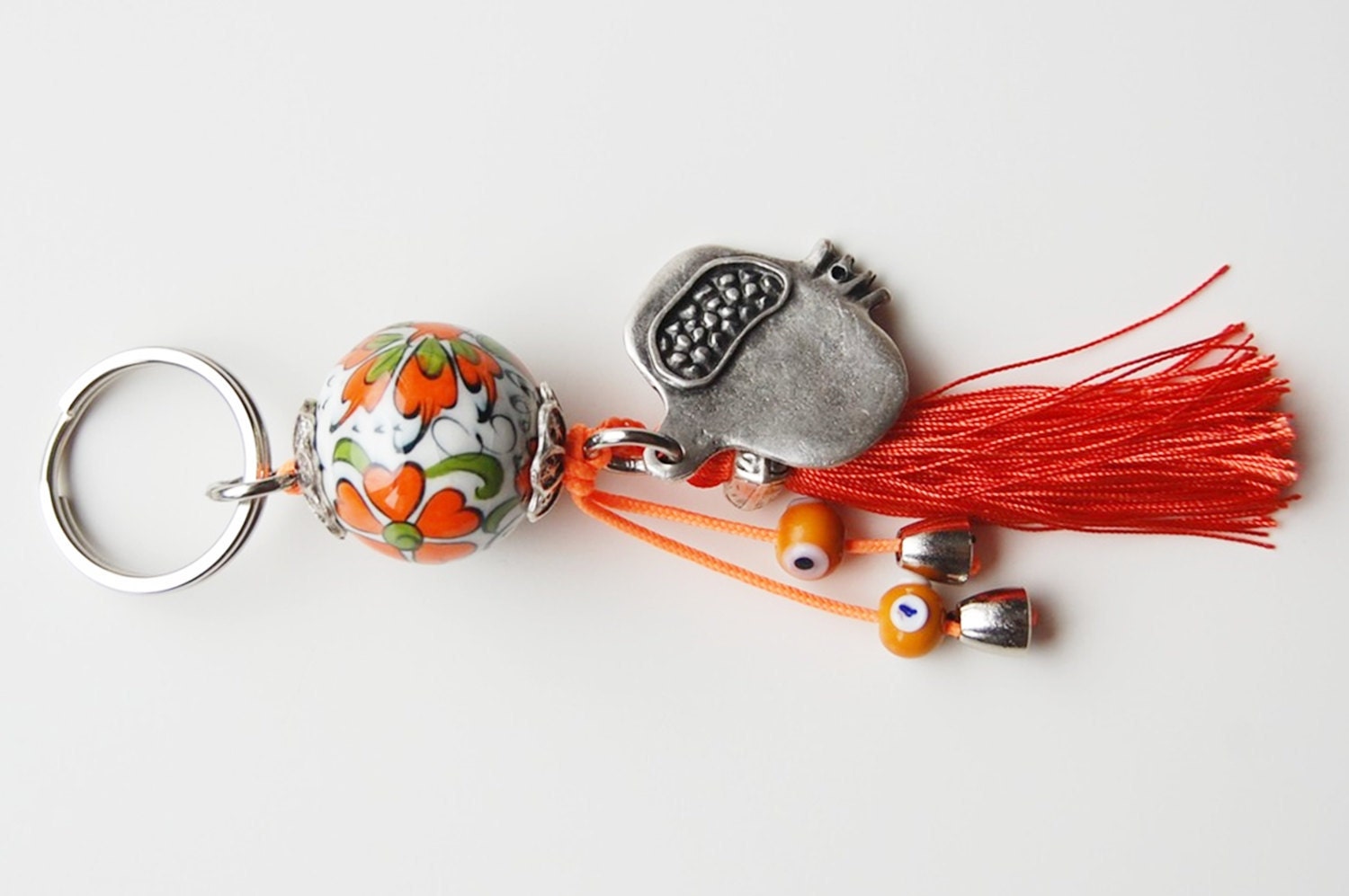 Pomegranete Key Chain Handmade Evil Eye and Turkish Ceramic Silver Plated