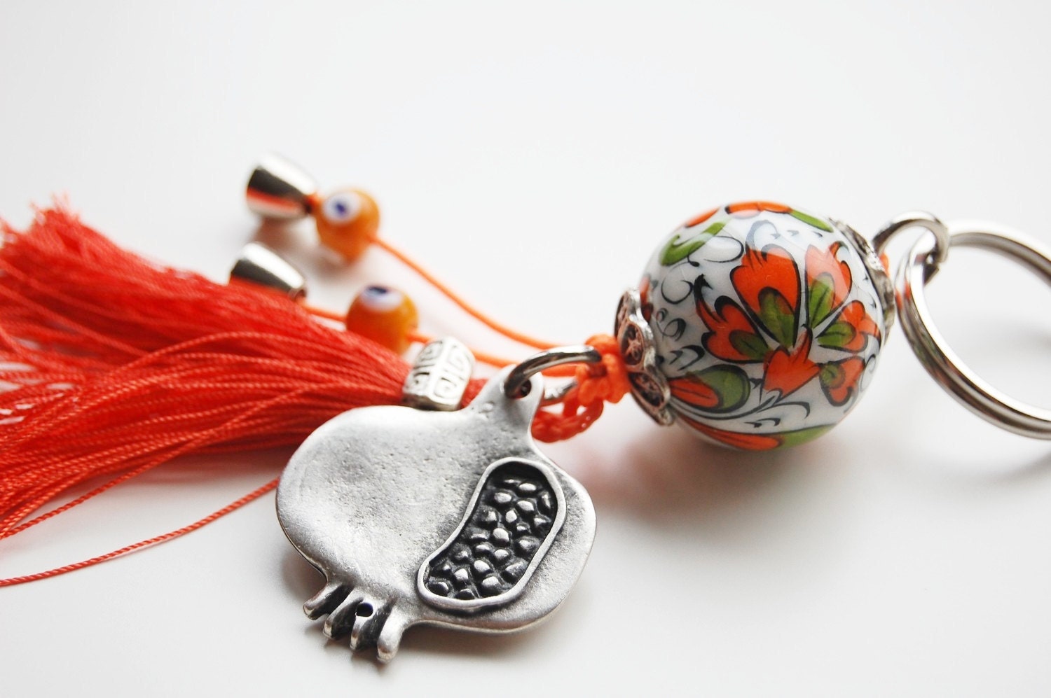 Pomegranete Key Chain Handmade Evil Eye and Turkish Ceramic Silver Plated