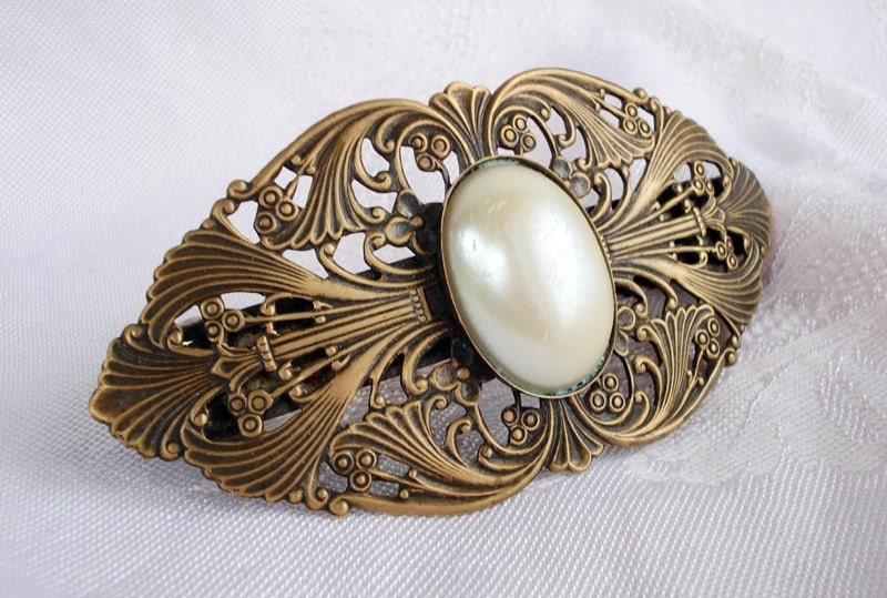 Vintage Antique French Lacy Brass & Pearl Hair Barrette - Large 3 1/2" Long - SIGNED - 1940 - Spectacular