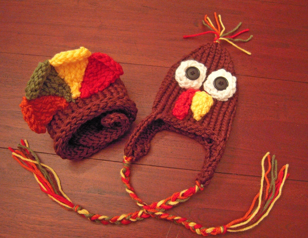 Baby knit hat and diaper cover set Thanksgiving turkey 3 to 6 months boy girl