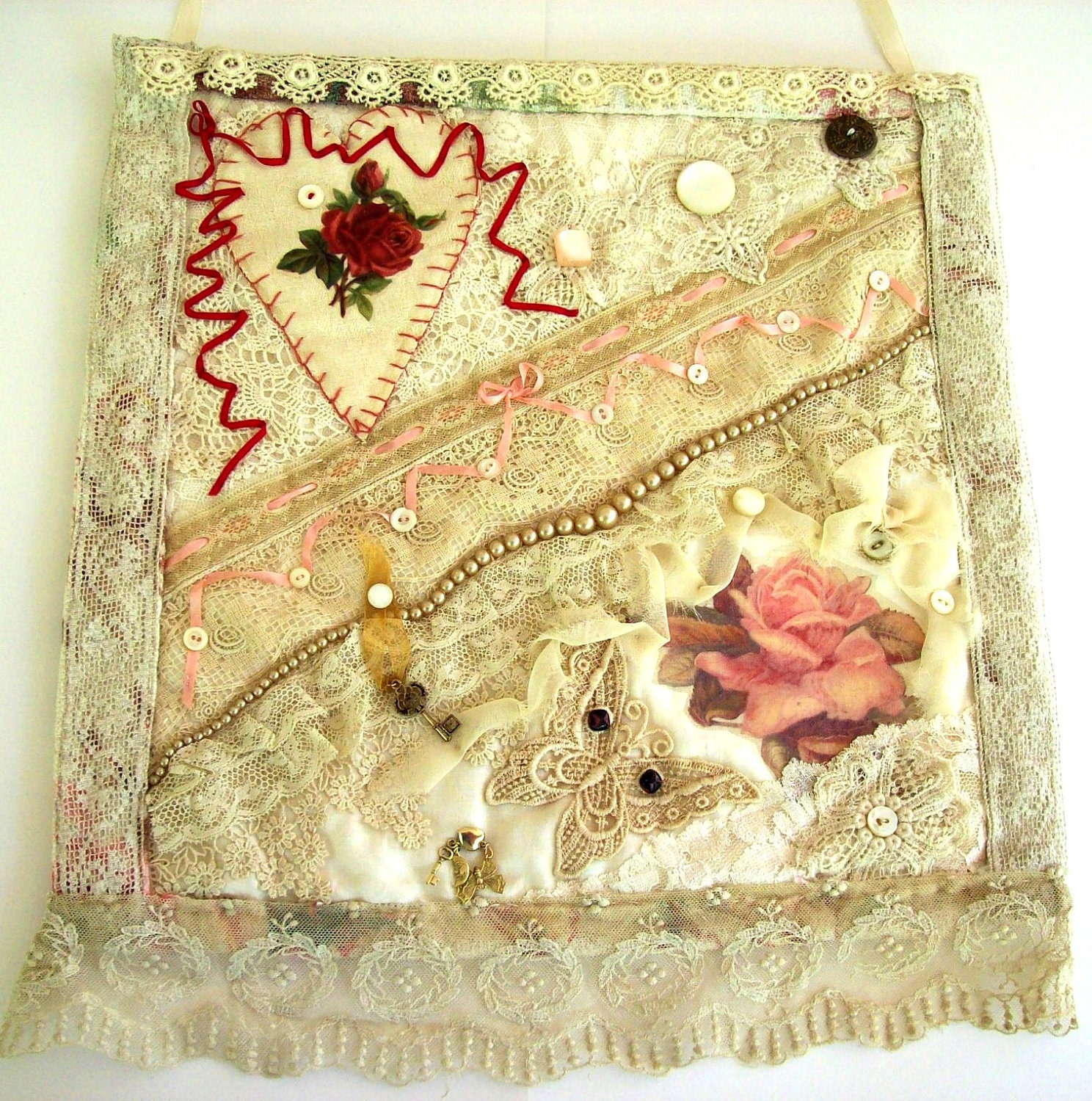 Victorian Style Crazy Quilt Wall Hanging Textile Collage Cream Pink Red