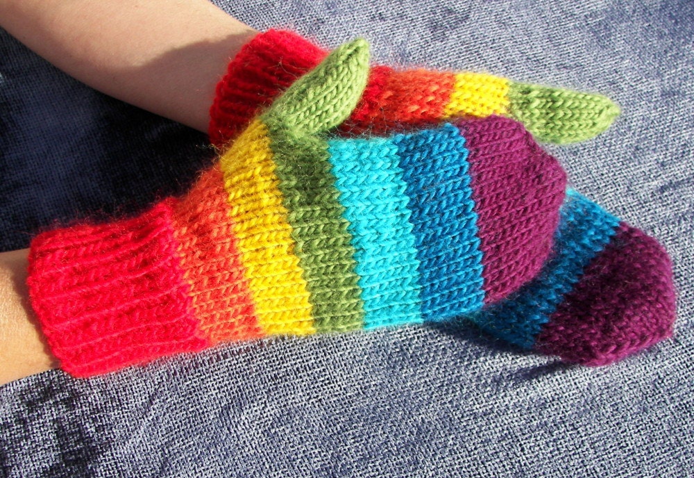Hand Knit MITTENS Rainbow Peruvian Wool Super SOFT Warm