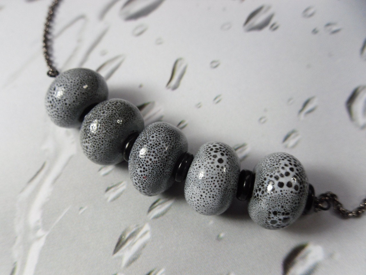 Foggy morning necklace - speckled gray and black porcelain beads on gunmetal chain - modern - Free Shipping USA