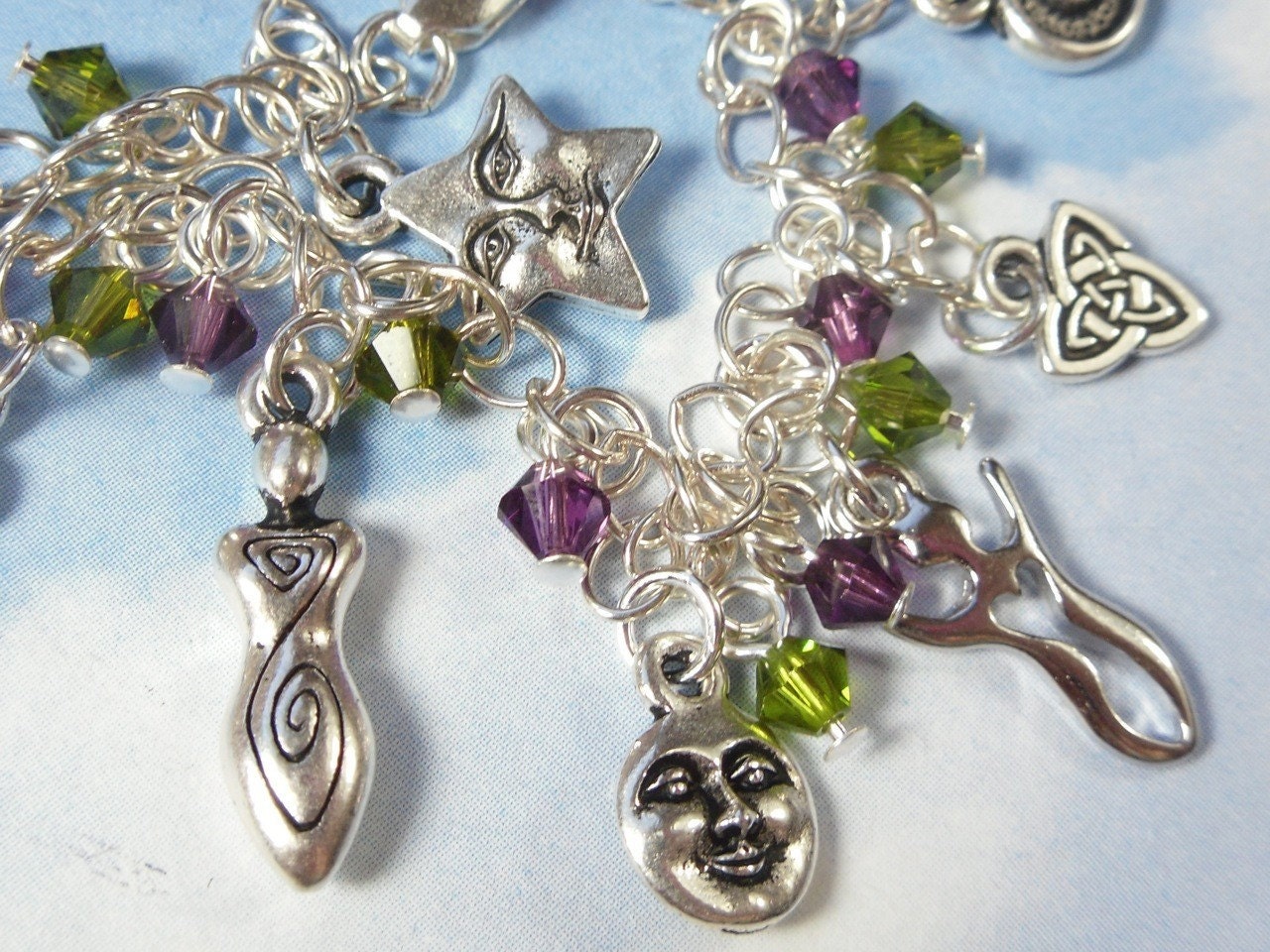 Women's Plus size Goddess charm bracelet - celtic charms, green and purple crystals, sterling silver chain - free shipping USA