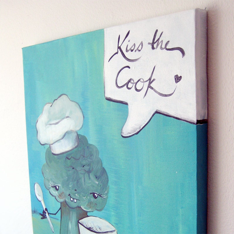 Kiss The Cook - Featuring Green Broccoli Chef with Spoon and Bowl Kitchen Painting