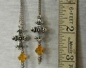 Silver Cross Earrings with Amber Colored Crystals