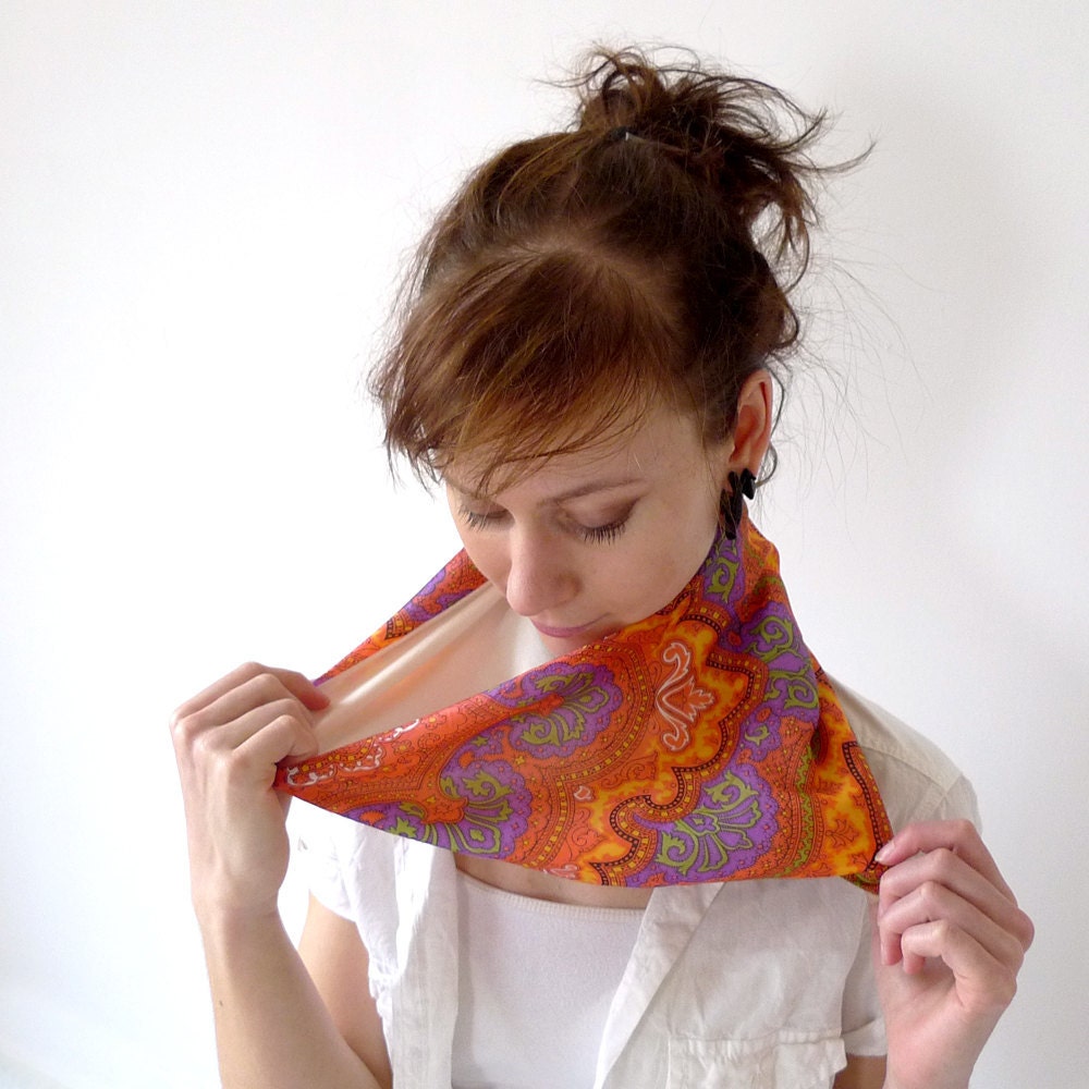 orange bohemian summer cowl - yellow, purple, green paisley - 70s vintage scarf fabric lined with ivory jersey - trend fashion - Joik