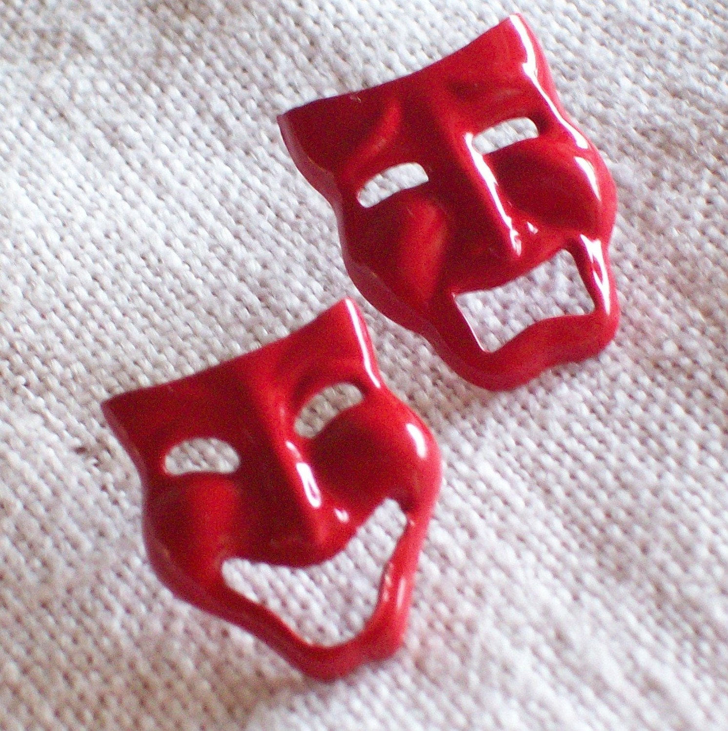 Vintage Retro 1970s 1980s Bright Cherry Lipstick Red Earrings Comedy Tragedy Theater Metal Pierced Mod Chic Wild Punk Funky Glossy Fun Valley Girl Destash
