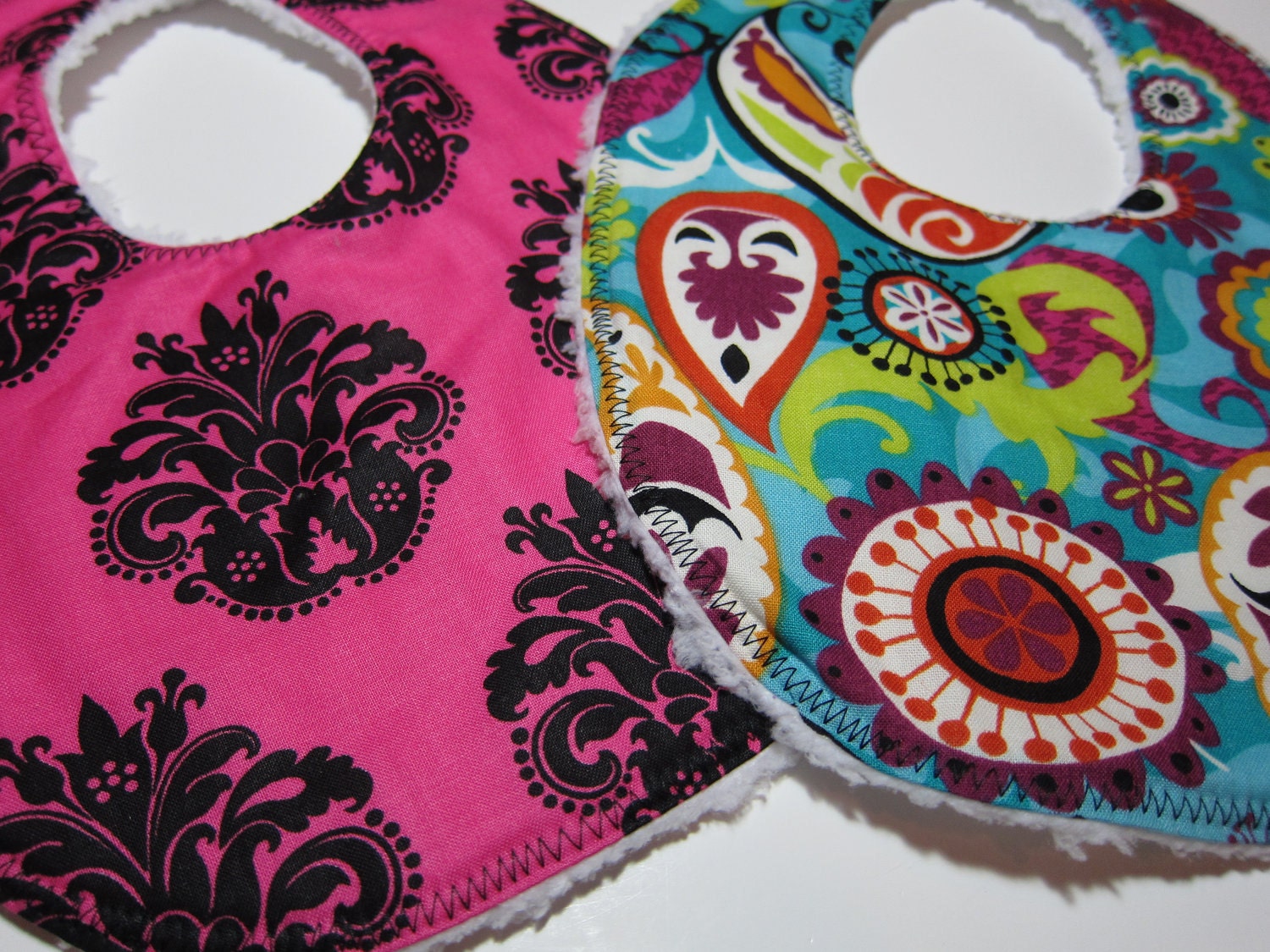 Baby Bibs - Set of 2 - Bright Paisley and Pink and Black Medallion
