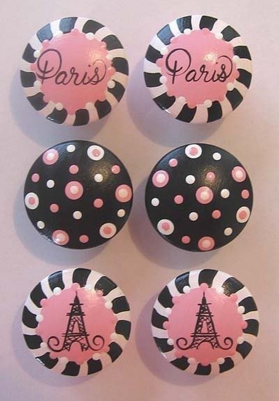 6 Hand Painted Paris Pink and Black Poodle Decor Drawer knobs