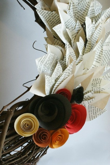 SALE Wreath with Paper Leaves and Flowers 18inch Single Bough Eco-Friendly OOAK
