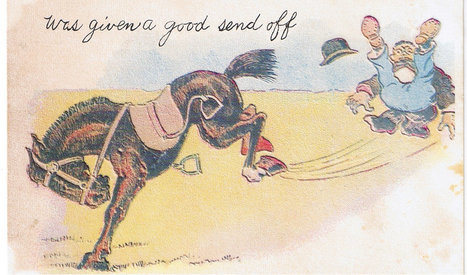 Comic Cards - Vintage Art Postcards - Funny Pictures - Bucking Horse - Good Send Off