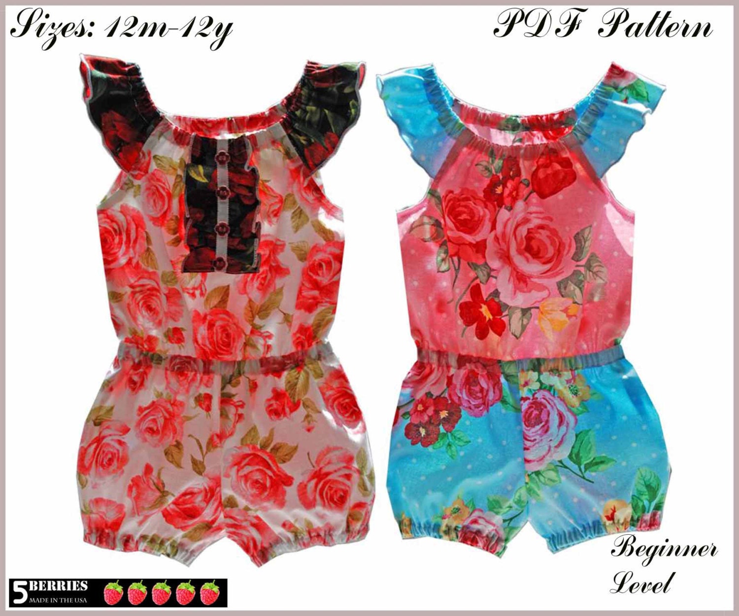 5Berries Charlotte Girls Romper PATTERN, PDF Sewing Patterns for Children, baby, toddler