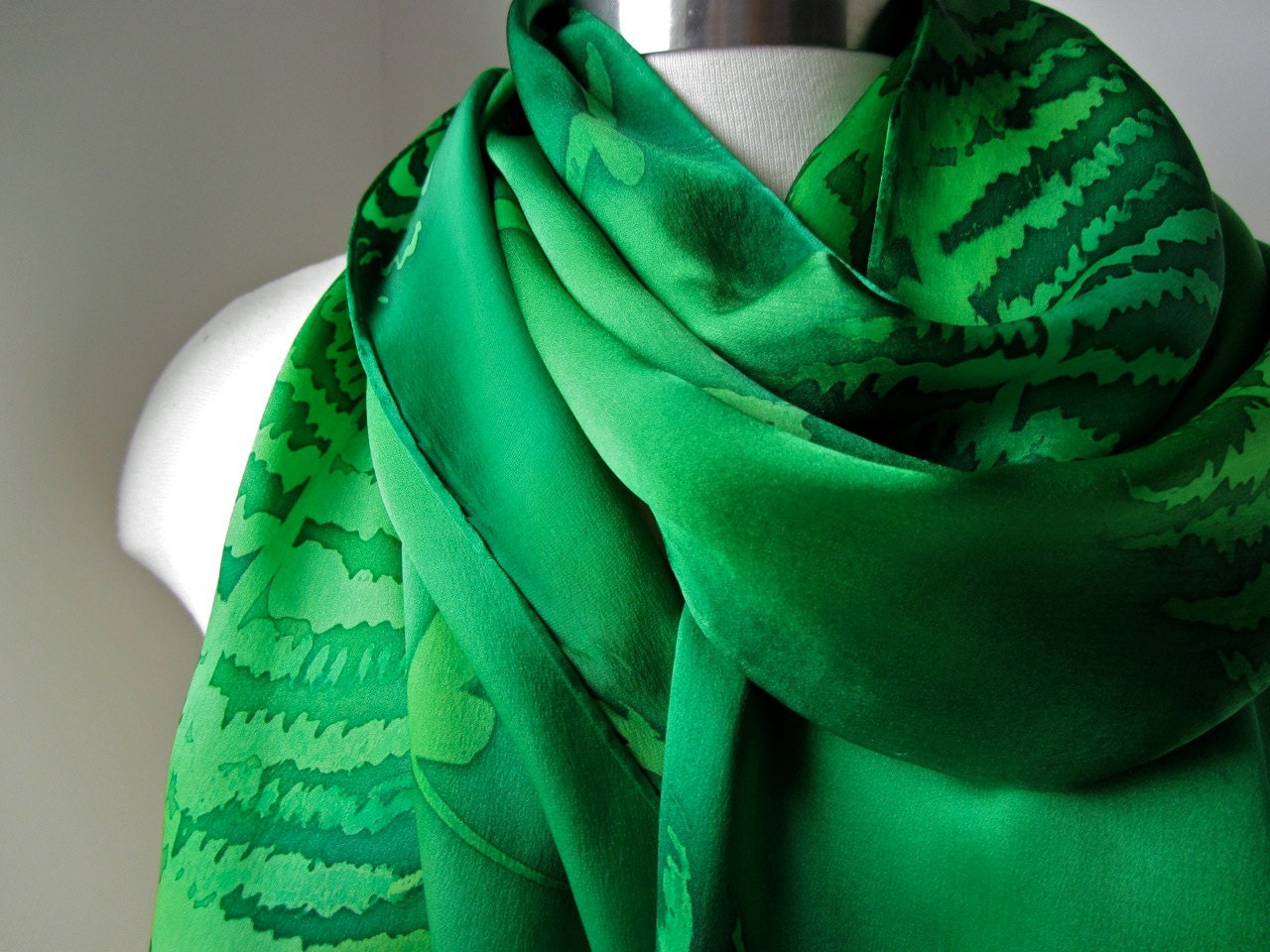 Silk Scarf, Hand Painted - Dragonflies and Ferns in Peridot and Emerald - Gifts for Her- MADE TO ORDER