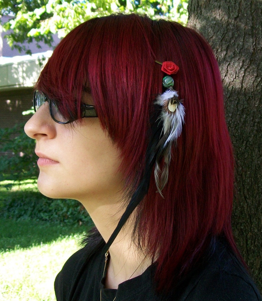 Feathered Hair Extension Red Rose Barrette