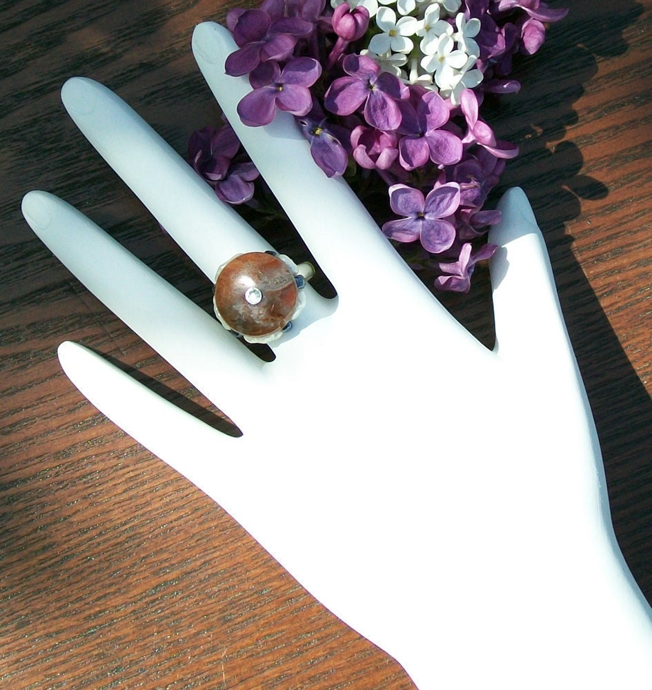 Akasha Petrified Wood and Pearl Ring