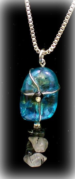 Aqua Aura, Rutile Quartz, and Diamond Sterling Silver Wire Wrapped Necklace