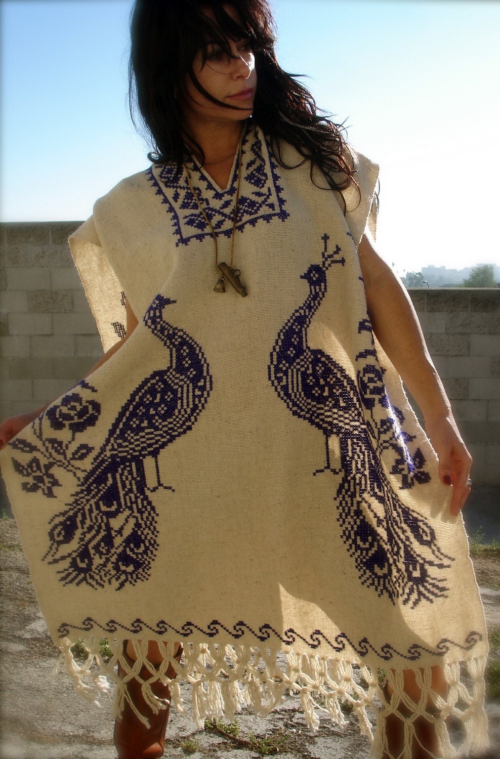 Beautiful Gypsy Vintage Hand Embroidered Peacocks Mexican Poncho 1960s 1970s