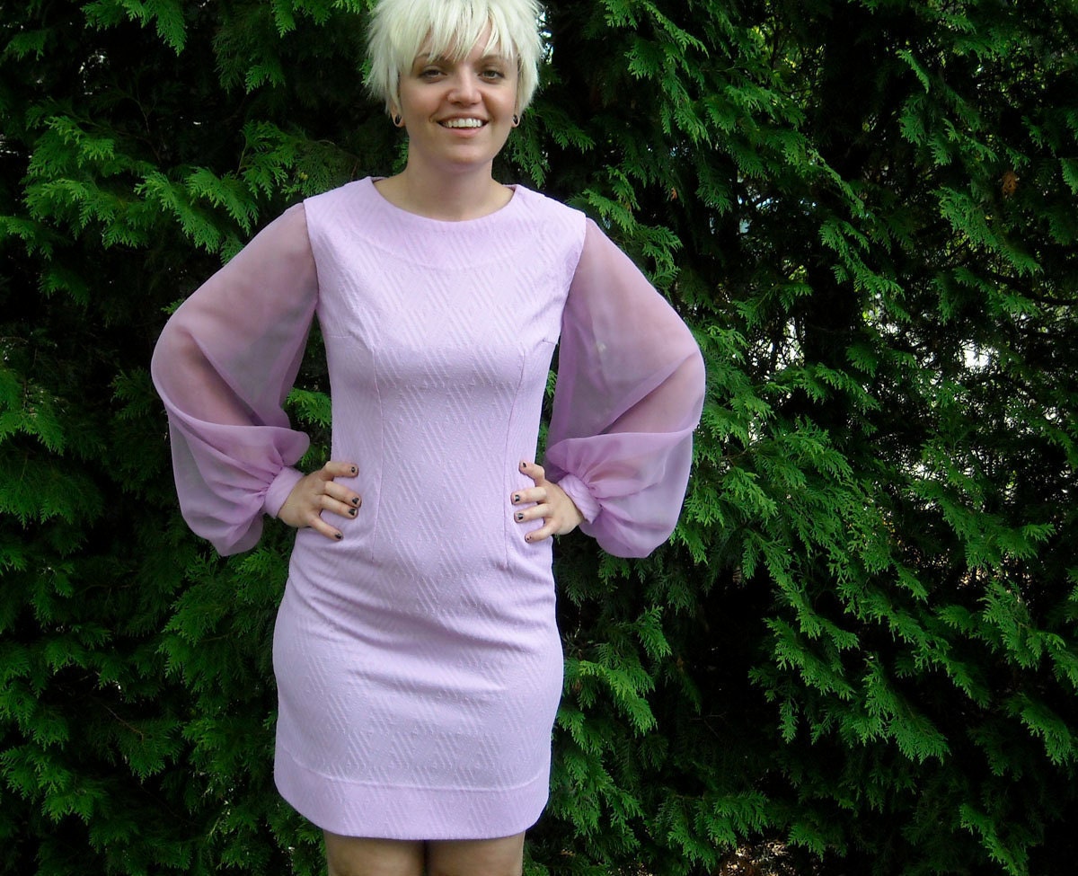 Vintage Halloween Homecoming Dress Pastel Fashion Mini Dress Lilac Purple 1960s Harem Dress Sheer Puff Sleeve Sheath
