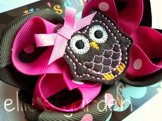 Pink and Brown Polka Dot Boutique Layered Hair Bow with Embroidered Owl
