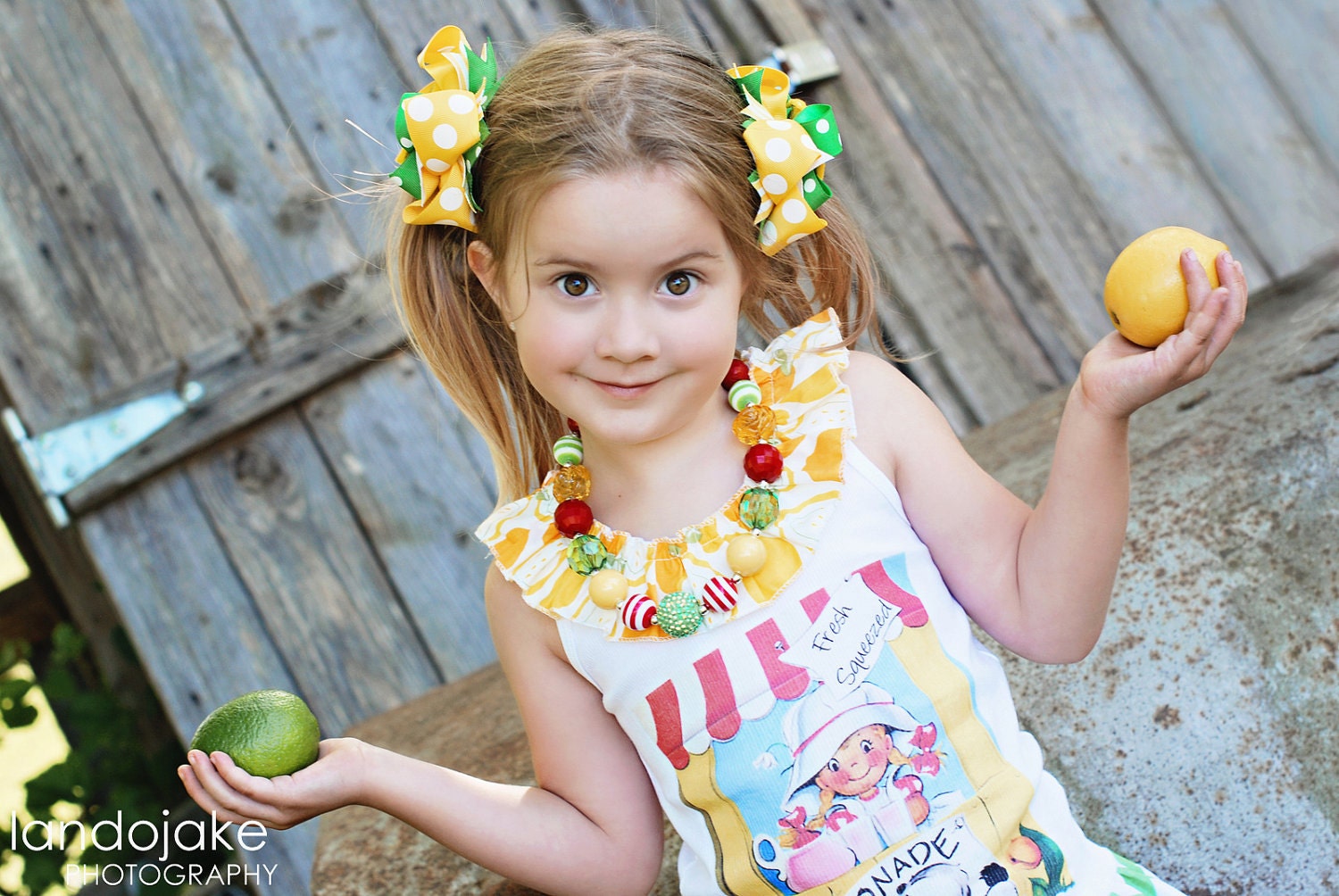 Embroidered Lemon Lemonade Boutique Style Piggy Tail Bows Yellow and Green