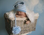 Gnome Style Hat in Soft Blue with Stark White Stripes with Large Pom Pom, Handknit in Size Newborn, Photo Prop for Baby Boy