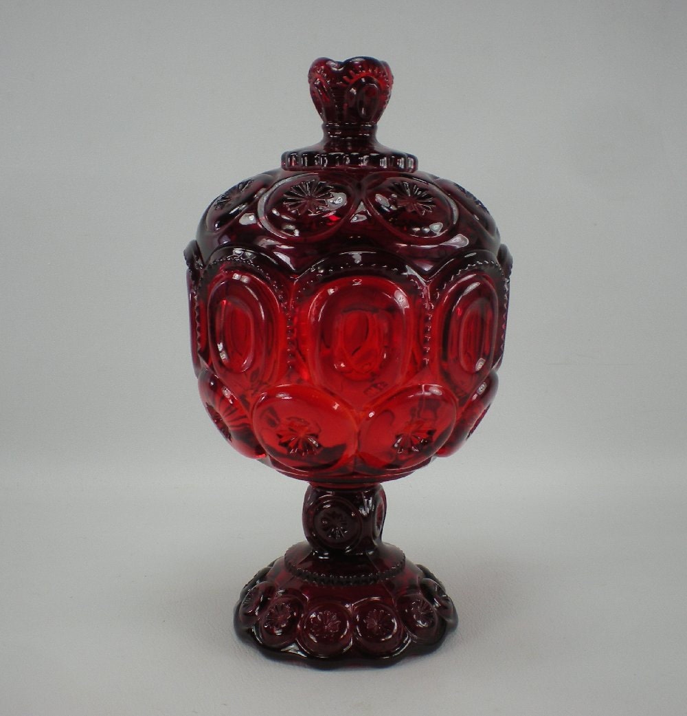 Ruby Red Glass Covered Footed Candy Dish Compote L.E. Smith