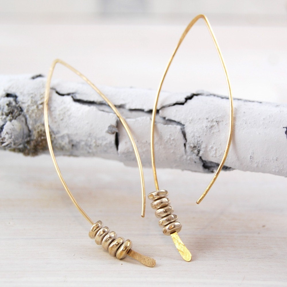 Medium Gold Crescent Earrings With Pewter Beads