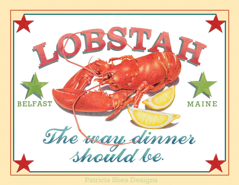 Archival print poster Lobster  for 16" x 20" mat - the way dinner should be. Originally hand illustrated by Patricia Shea - PatriciaSheaDesigns