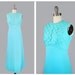 70's vintage maxi dress. 1970's blue long dress. lace. empire waist. sleeveless. polyester. aqua maxi 70.