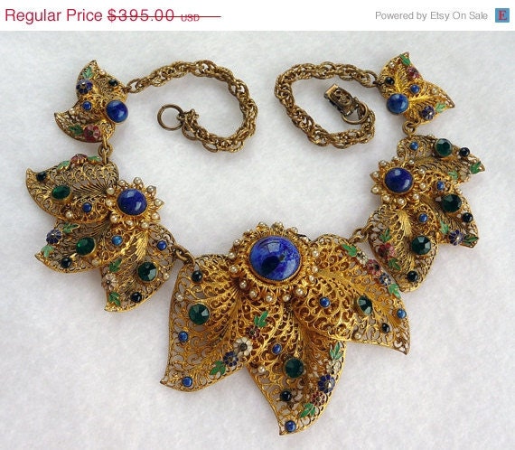 Week-end Special Filigree & Rhinestone Floral Necklace - Vintage 1930's Bliss Brothers Art Nouveau