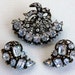 Hollycraft Blue Vintage Rhinestone Brooch & Earring Set - Fan Shaped Demi Parure