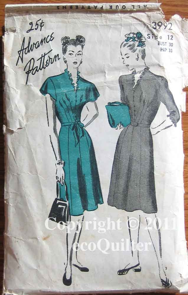 RARE Vintage 40's Misses' Dress With 3/4 or Cap Sleeves, Advance 3992 Sewing Pattern Size 12