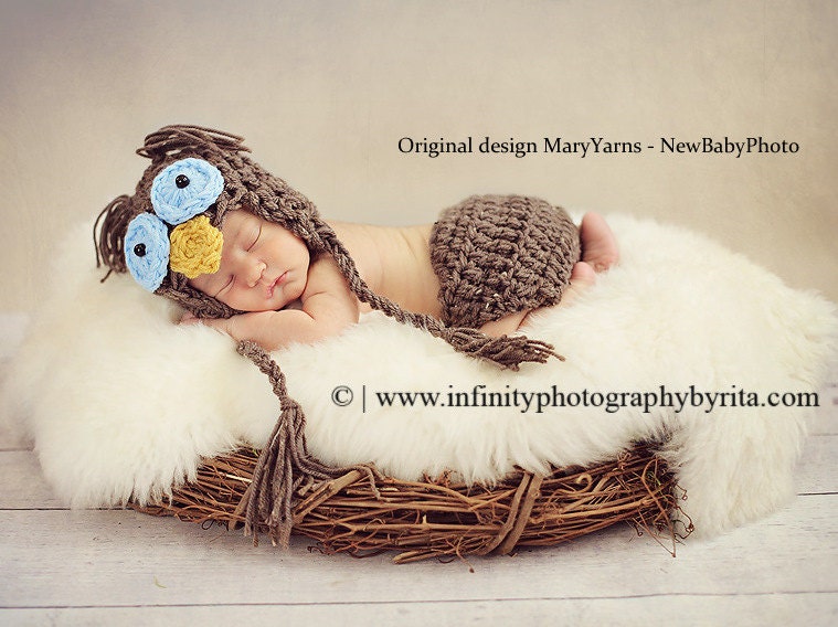 OWL Set 2pcs Hat-diaper cover  Blue Eyes Newborn Baby Photo Prop in Brown - Photography Hat Full Color