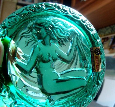 BOHEMIAN Nude Nymph on CZECH Glass POWDER Jar From Czechoslovakia