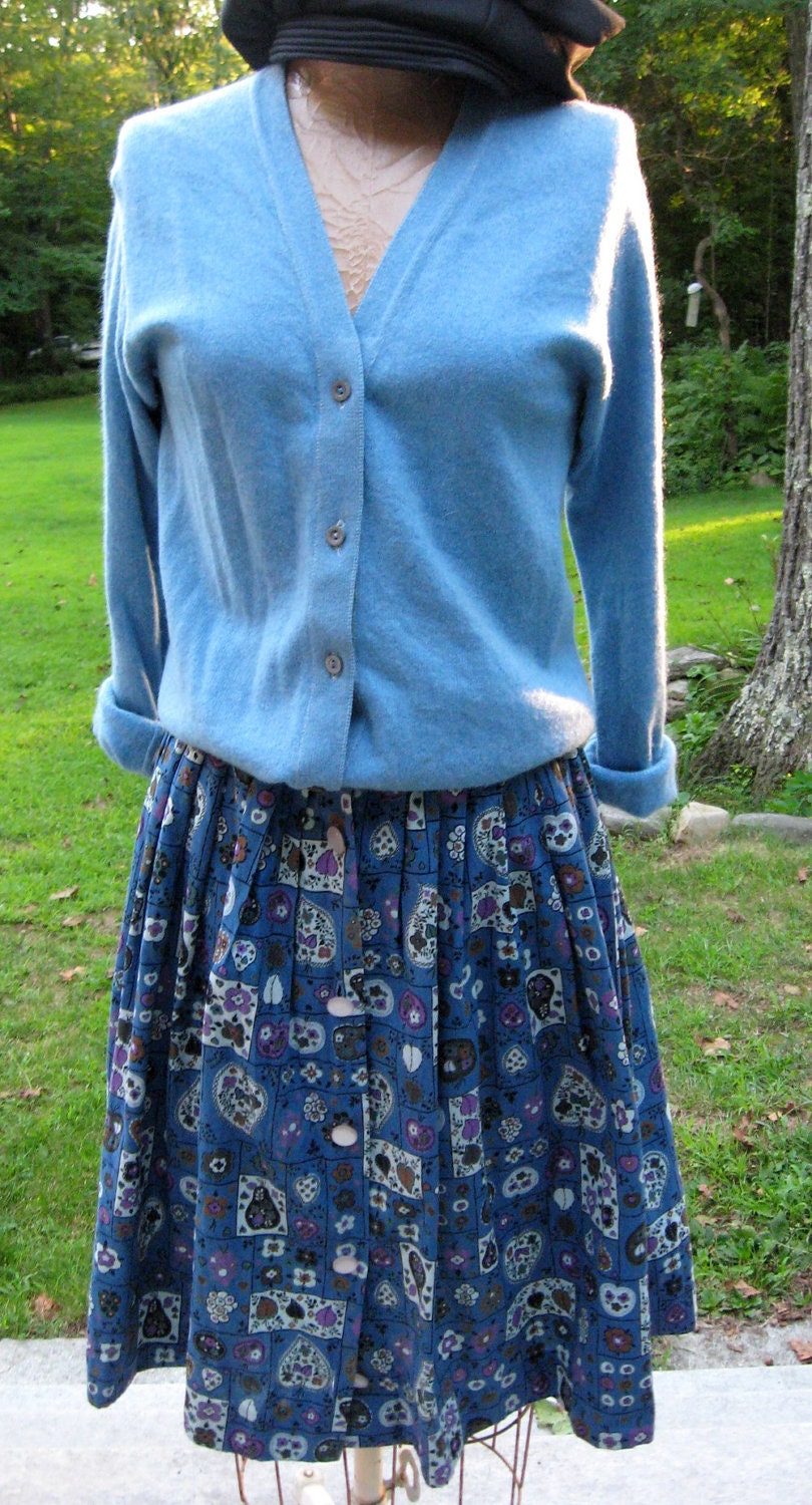 60s Big Skirt  Novelty Print Stylized Apples and Pears Fun Skirt Blue Purple and Brown Punk it Up