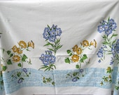 Vintage Tablecloth Periwinkle Blue and Gold Flowers Soft Cotton Grandma's House Country Cottage