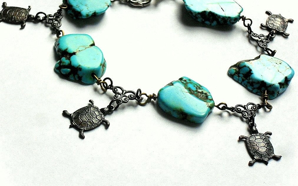 Turquoise Charm Bracelet, Turtles and Turquoise