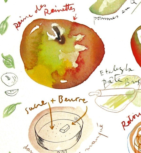 Apple pie recipe Kitchen art print French cake 8X10 Watercolor Fruit Food illustration Bakery poster Home decor