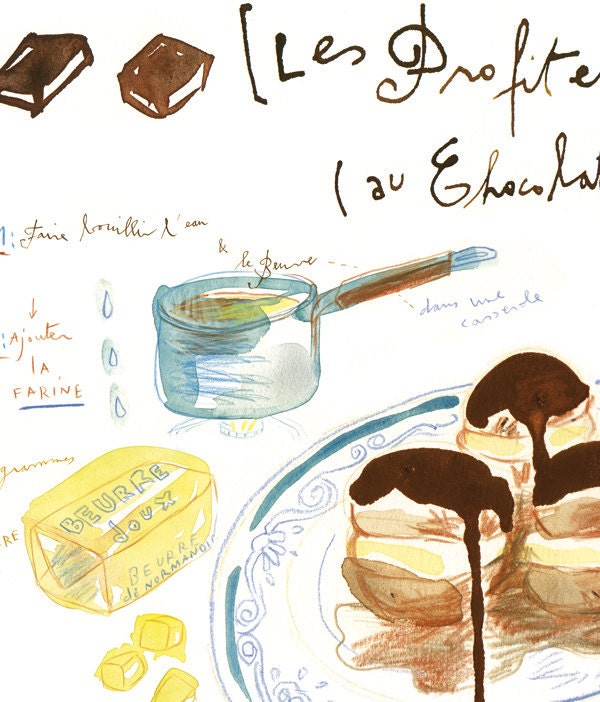Kitchen art, French cake Profiteroles recipe print, 8X10 Food poster, Chocolate pastry bakery illustration, cooking gourmet Kitchen decor