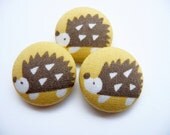 6 Kawaii hedgehogs mustard yellow handmade fabric covered buttons 7/8 inches