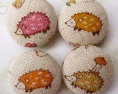 4 Kawaii hedgehogs beige linen handmade fabric covered buttons  3/4 inches