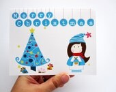 Kawai Holiday Card set - Set of 6 Girl and tree Christmas Cards A335 Il_170x135