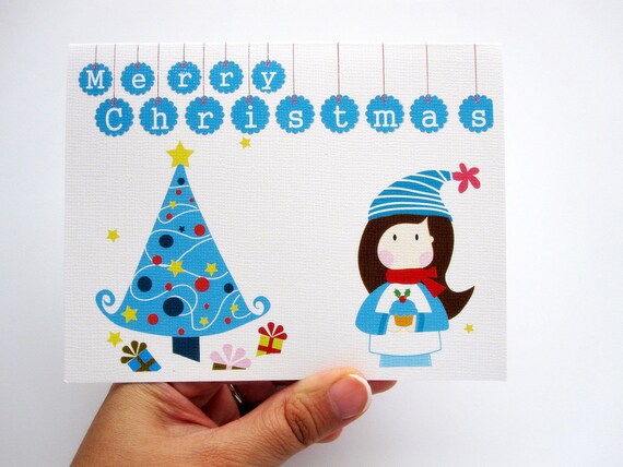Kawai Holiday Card set - Set of 6 Girl and tree Christmas Cards A335 Il_570xn