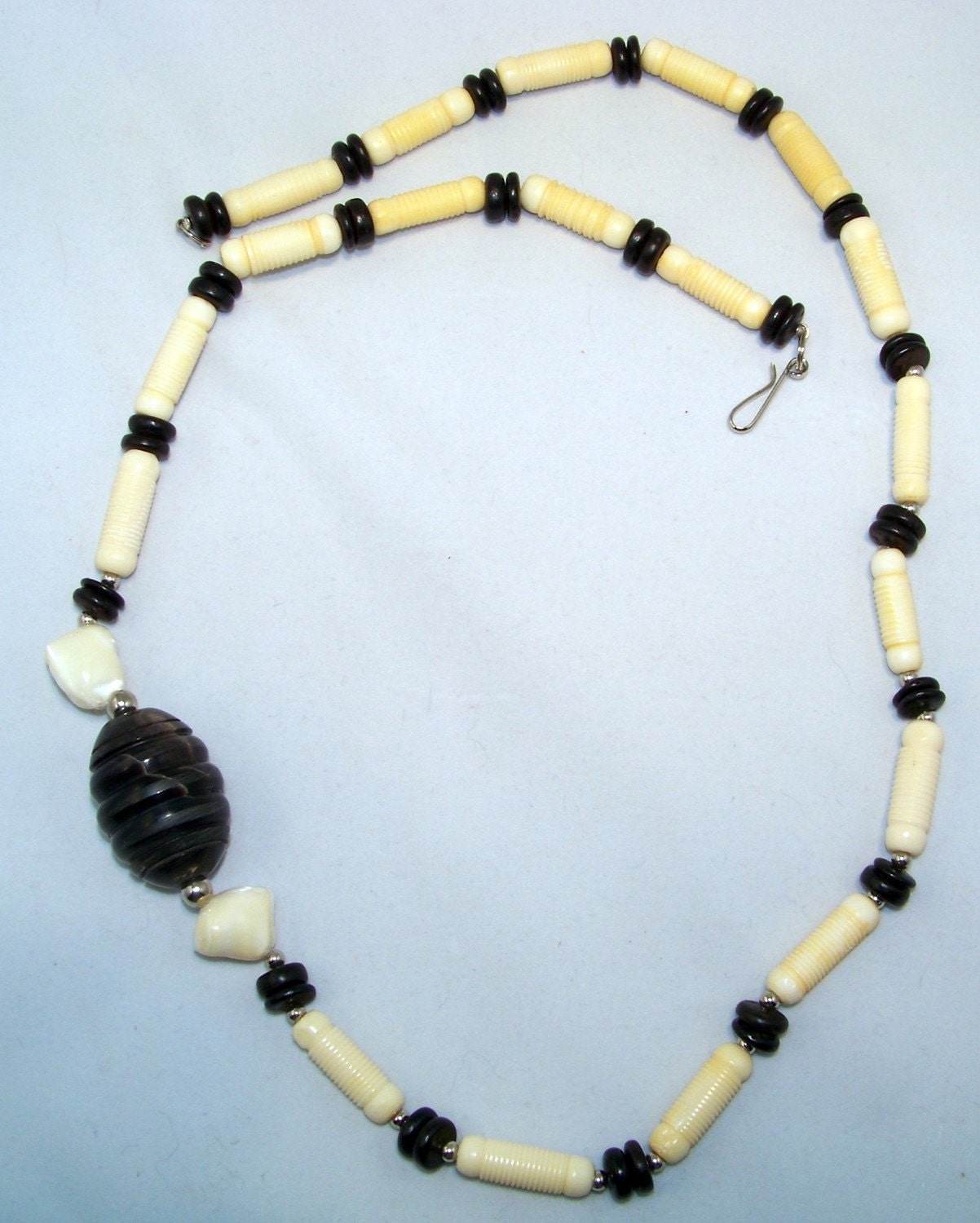 Vintage African Necklace Ivory Ebony Abalone Silver Beads