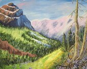 Rustic Mountain Top Landscape Painting, fine art acrylic realism woodland forest nature cottage chic home decor country western southwestern