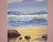 Painting Of Sunset At The Beach, realism fine art acrylic landscape ocean sea nautical cottage chic home decor art nouveau victorian